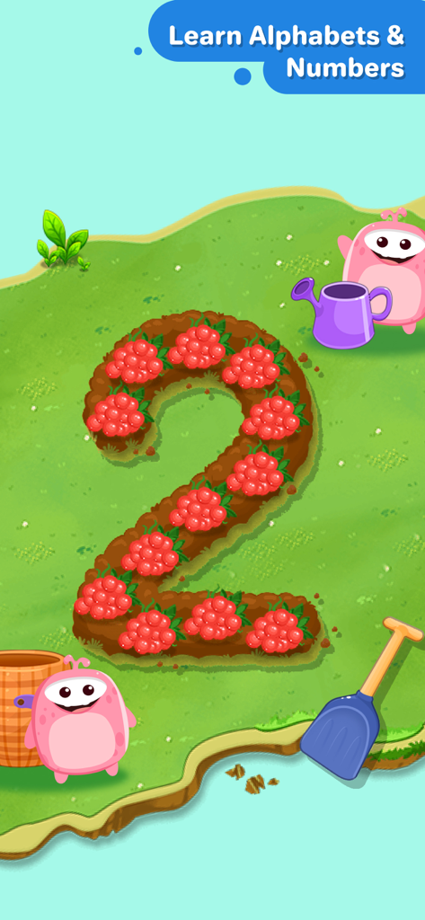 Splash Jr: PreK & Kindergarten - Educational activity for kids showing the number two formed with red berries in a garden setting with cute pink characters