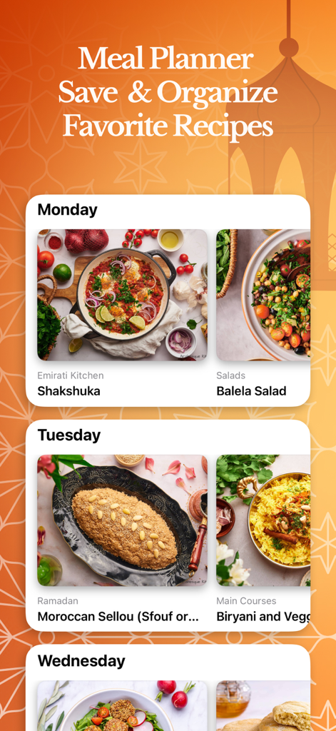 Food Recipes by Arabesk - Pantalla de aplicación móvil mostrando un planificador de comidas semanal con recetas mediterráneas como Shakshuka y Ensalada Balela.