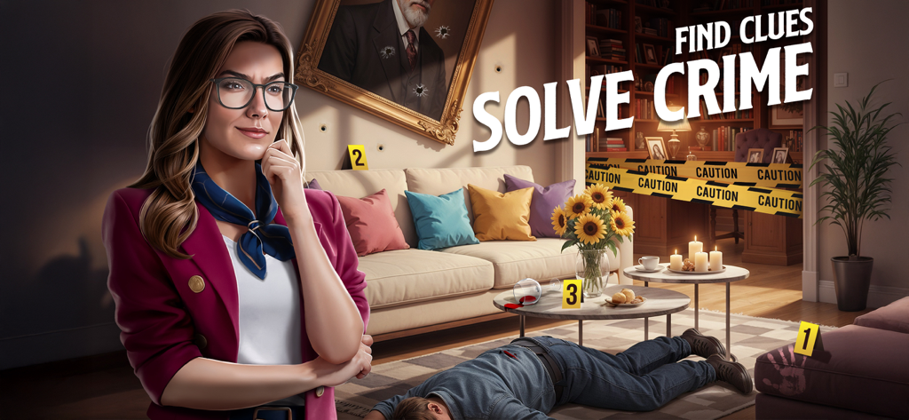 Rooms & Exits: Puzzle escape - Investigadora analizando una escena del crimen en el juego de puzzles Rooms and Exits.