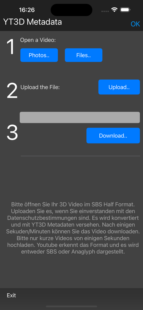 Interfaz de la aplicación 3D Video-Converter que muestra el proceso de tres pasos para añadir metadatos YT3D a vídeos para YouTube.
