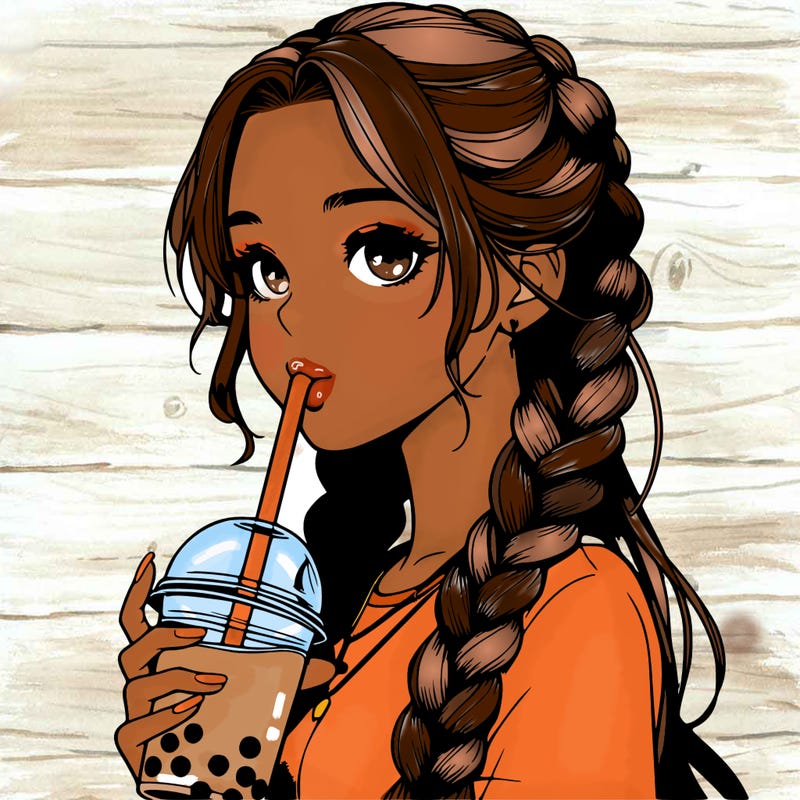 realistic girl with braided hair drinking boba