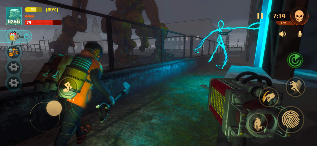 MIMESIS: Deceive or Die - Gameplay-Screenshot von MIMESIS Deceive or Die, der einen Charakter in einem orangefarbenen Anzug zeigt, der einem leuchtend blauen Monster auf einem dunklen, verlassenen Planeten begegnet.