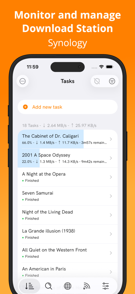 Interface of DSLoad Station showing a list of active download tasks for Synology NAS on iPhone