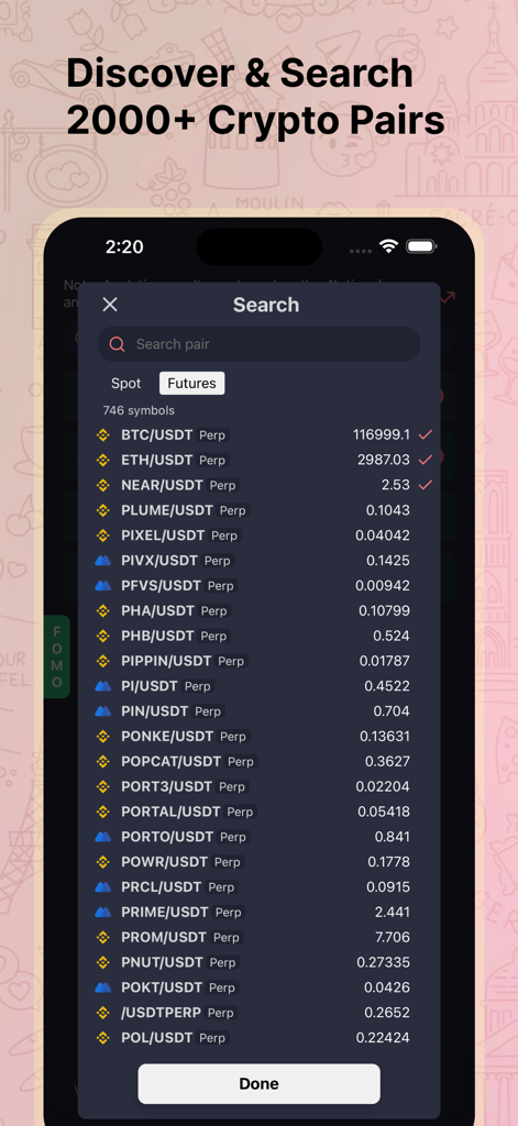 Search screen in the Crypto Fomo app showing a list of over two thousand crypto trading pairs and their current prices