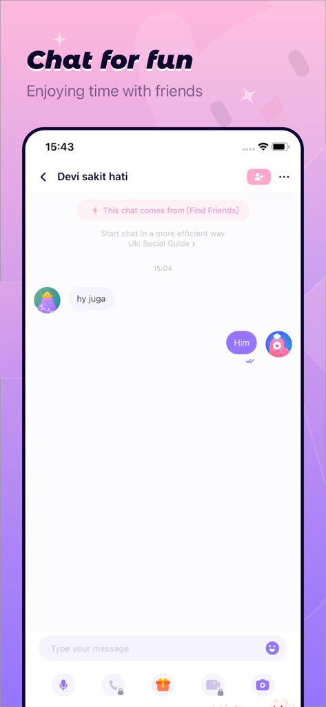 Un écran mobile montrant une conversation de chat privée dans l'application Uki avec des avatars colorés et des messages amicaux