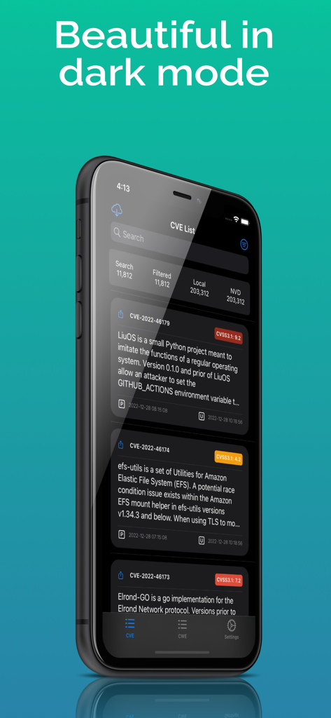 V-Check - iPhone上のV-Checkアプリのインターフェース。CVE脆弱性リストをダークモードで表示しています。