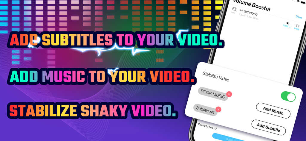 Mobile app screen showing video stabilization, music, and subtitle editing features