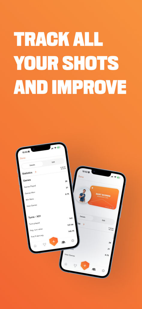 Dart Scores app interface displaying player statistics and membership profile for performance tracking
