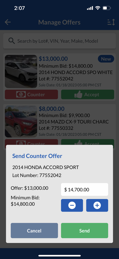 Mobile app interface showing the Manage Offers screen with a Send Counter Offer pop-up for a vehicle listing