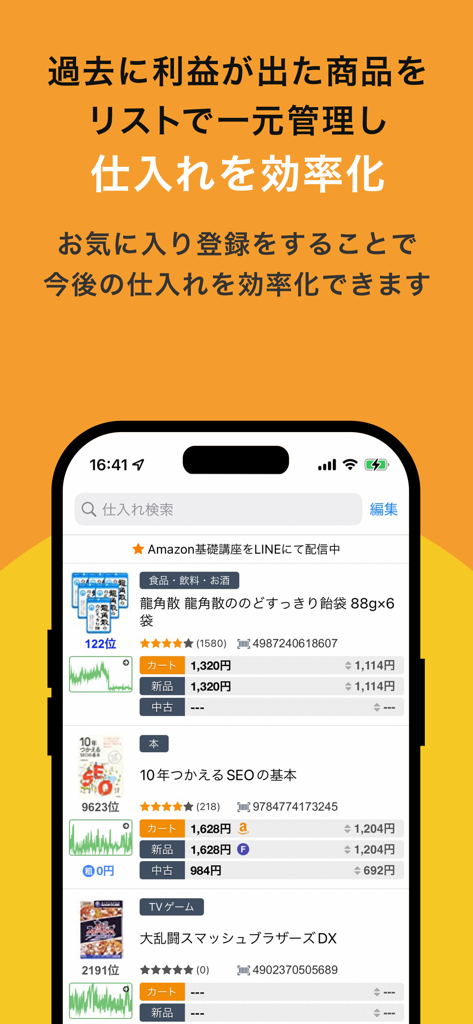 Amacode mobile app interface displaying a list of profitable products for Amazon FBA reselling with sales data and price history charts.
