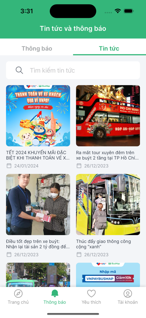 The news and notifications screen of the BusMap Hanoi mobile application displaying various transit articles and a search bar.