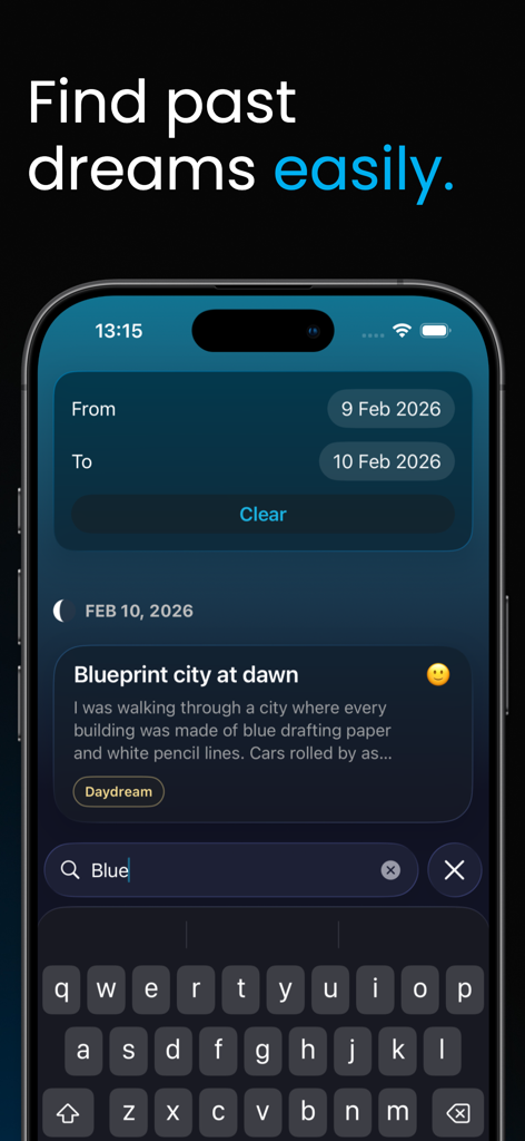 Dreamy - Personal Dream Diary - Search interface of the Dreamy app showing date filters and a keyword search for past dream journal entries