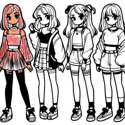 one girl with crop-top shirt and a jacket with a skirt, long socks and another girl with a shirt and pants with a jacket