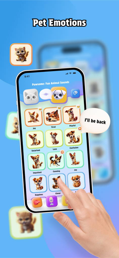 AI Pawsome: CatDog Translator - Interface do aplicativo AI Pawsome exibindo uma grade de cães representando várias emoções