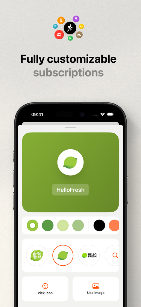 Subo: Subscription Manager - Interfaz que muestra cómo personalizar iconos y colores de suscripción en la aplicación Subo