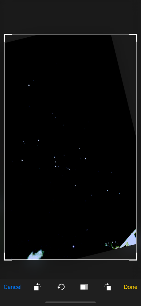 Starry sky Camera - A mobile app screen showing a starry night photo being cropped and edited.