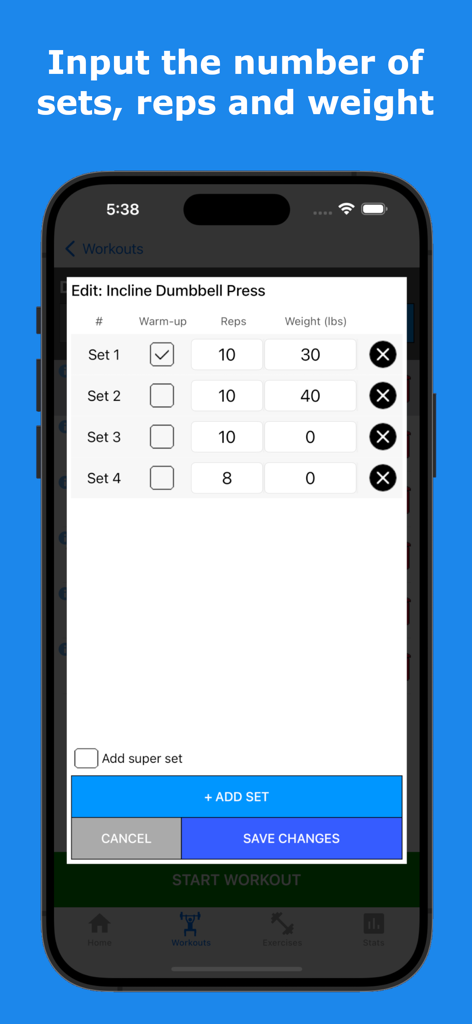Gains - Gym Workout Plan & Log - Interfaz para registrar series, repeticiones y pesos en la aplicación de registro de entrenamientos de gimnasio Gains