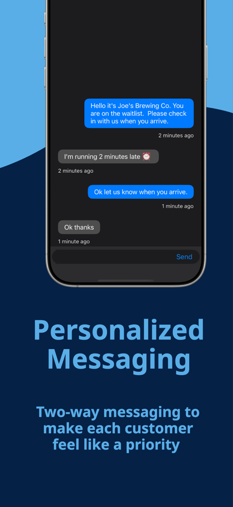 Waitly Waitlist & Reservations - Waitly app interface showing a two-way text conversation between a business and a customer on a waitlist