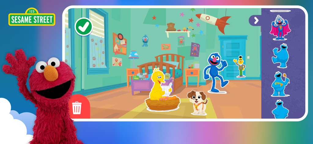 Netflix Playground - Un'attività di scena di adesivi di Sesame Street all'interno dell'app Netflix Playground con Elmo e il Grande Uccello