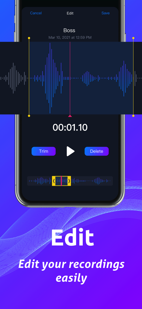 Oberfläche zum Bearbeiten von Anrufaufzeichnungen mit Audio-Wellenform und Trimmen-Optionen.