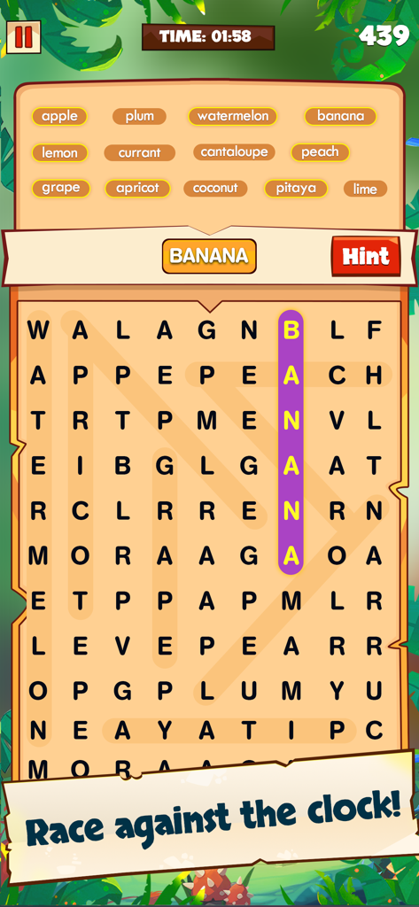 Word Search Tour: Link Letters - A fruit themed word search puzzle level featuring a countdown timer and the word banana highlighted