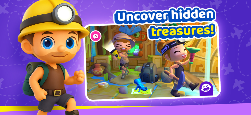 World Travel Stories - Airport - Personaggi dei cartoni animati che esplorano un antico tempio per trovare tesori nascosti.