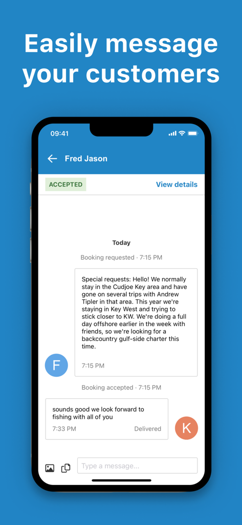 FishingBooker for Captains app interface showing a direct chat between a boat captain and a customer.