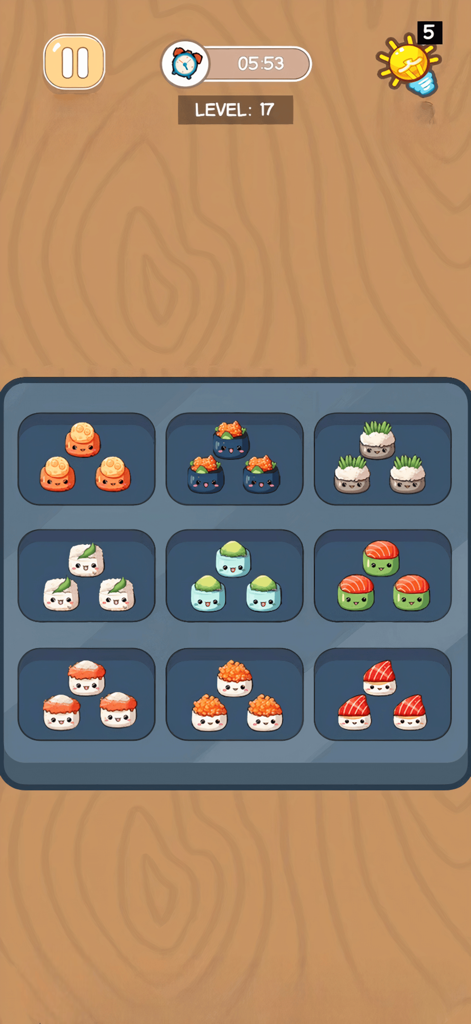 Perfect Satisfying: ASMR Tidy - Captura de pantalla del juego mostrando lindos personajes de sushi siendo organizados en una cuadrícula en el juego móvil Perfect Satisfying ASMR Tidy
