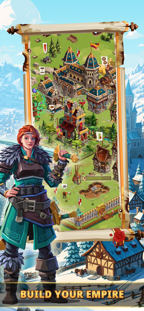 A female warrior standing in front of a scroll displaying a medieval castle layout with the text Build Your Empire.