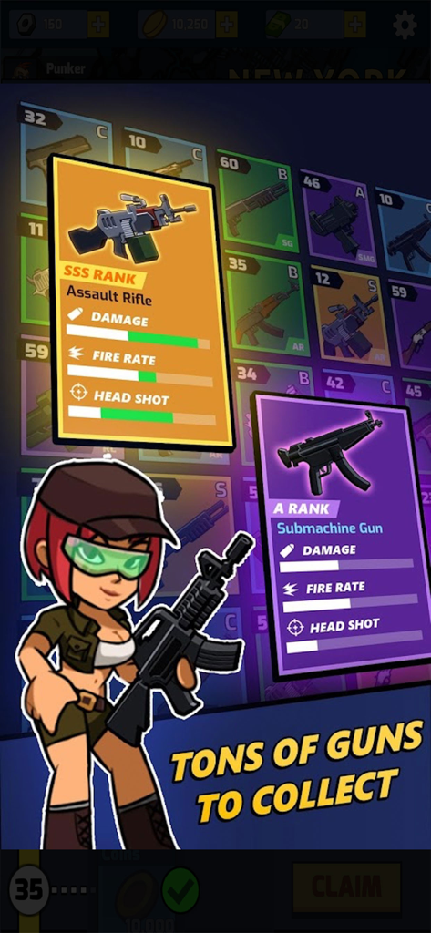 Zombie Idle Defense - Weapon collection screen in Zombie Idle Defense featuring SSS rank guns and a survivor character