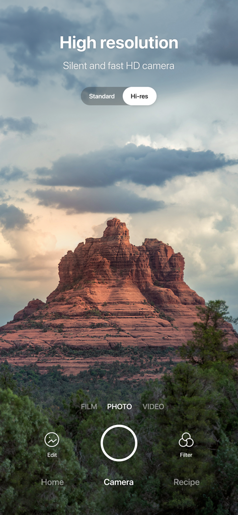 Interfaccia della fotocamera dell'app Foodie che mostra l'impostazione dell'alta risoluzione con una foto di un paesaggio panoramico