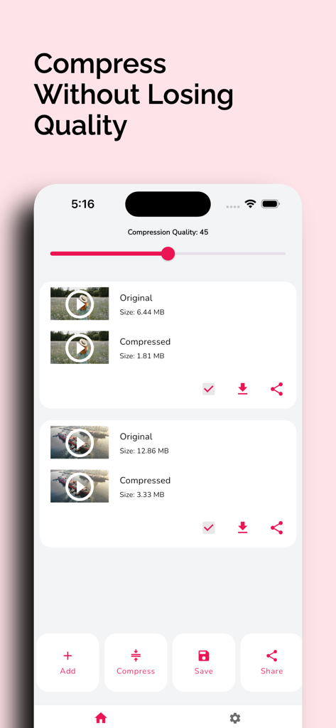 Video Compressor Shrink Videos - Uma tela de iPhone mostrando a interface do aplicativo de compressão de vídeo com um controle deslizante de ajuste de qualidade e uma comparação dos tamanhos de arquivo de vídeo original e comprimido