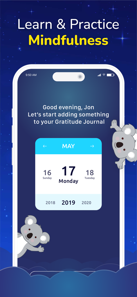 Meditation for Kids Sleep - Gratitude journal interface in the Meditation for Kids app featuring a calendar and cute koalas on a starry background.