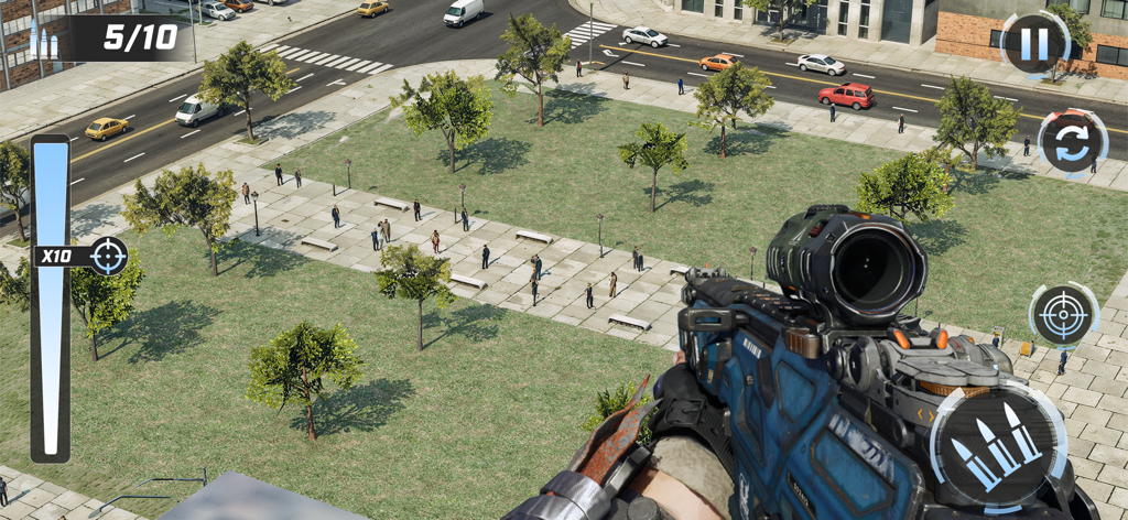 Sniper Shooter Soldier Strike - First person view of a tactical sniper rifle overlooking a city park with pedestrians and cars