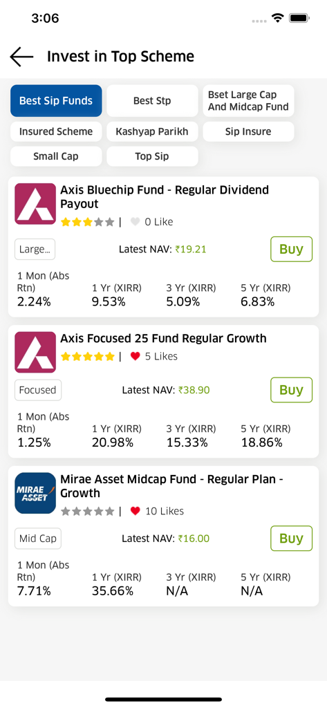Wealth Elite - Wealth Elite app screen showing a list of top performing mutual fund schemes with performance data and buy buttons