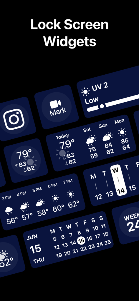 Blank Widget Transparent Space - A collection of dark blue minimalist lock screen widgets for iPhone showing weather calendar and UV index