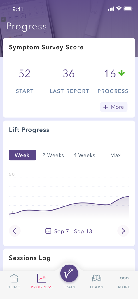 Leva - Leva app progress screen showing pelvic floor exercise lift progress and symptom survey scores