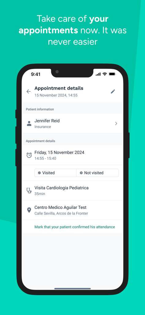 Mobile interface of Doctoralia for specialists showing detailed appointment information and patient status options