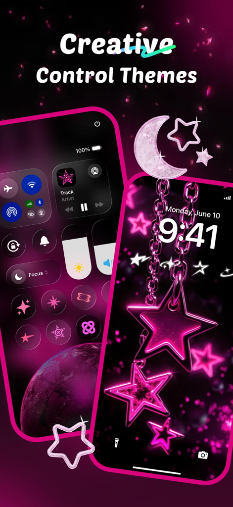 iPhone showing a creative pink aesthetic theme with custom lock screen and control center widgets