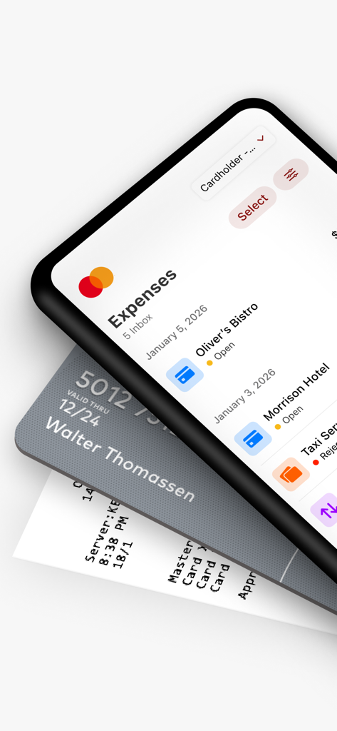 Smart Data - Smart Data by Mastercard mobile app displaying a list of business expenses next to a corporate credit card and receipts