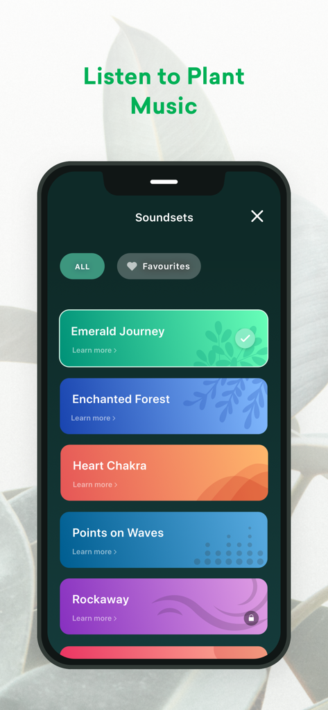 PlantWave - Uma tela de celular mostrando vários conjuntos de sons ambientes como Emerald Journey e Enchanted Forest dentro do aplicativo PlantWave.