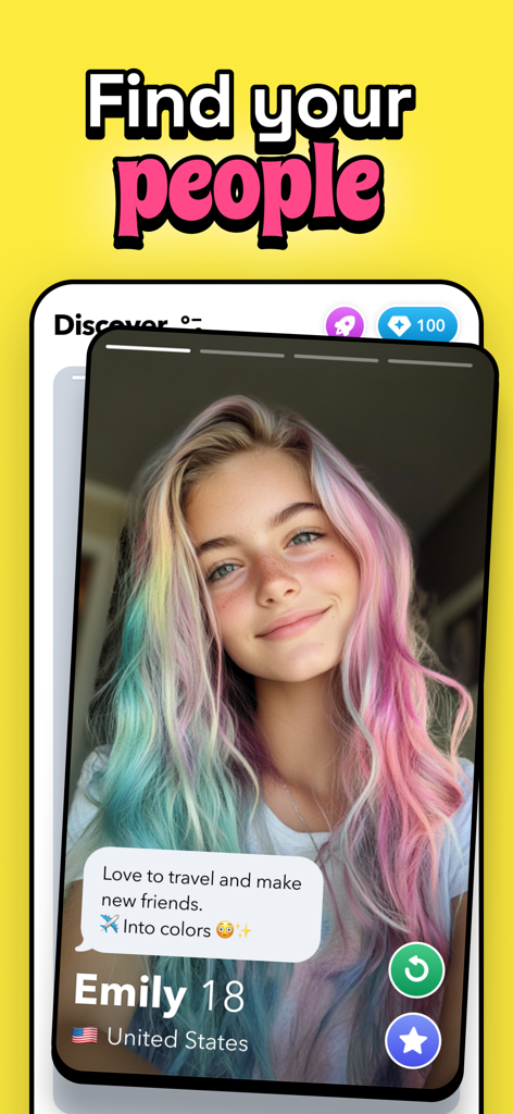 Hoop 앱 발견 화면, 여성 사용자의 프로필과 '당신과 통하는 사람들을 찾아보세요'라는 헤드라인 표시