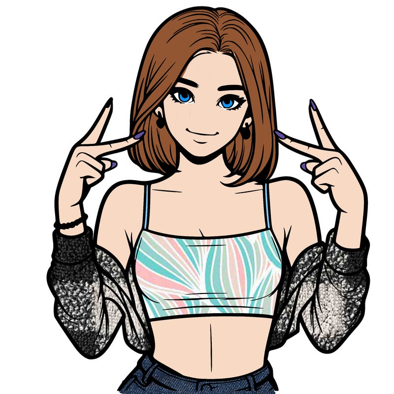 a realistic teen girl with a crop top doing 🤟