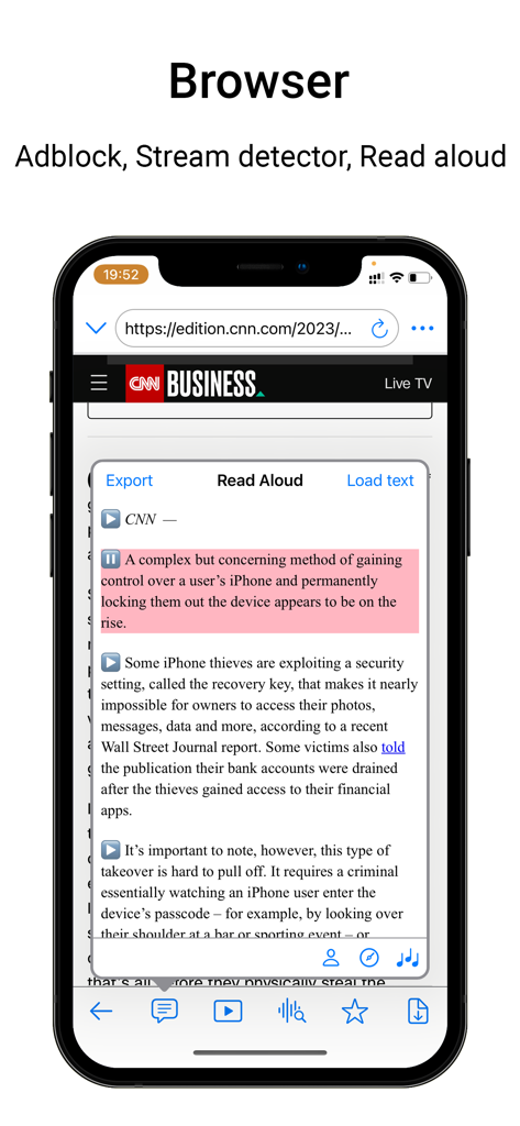 Media Assistant - Interface do navegador do aplicativo Media Assistant com a ferramenta de leitura em voz alta de texto para fala em um artigo de notícias