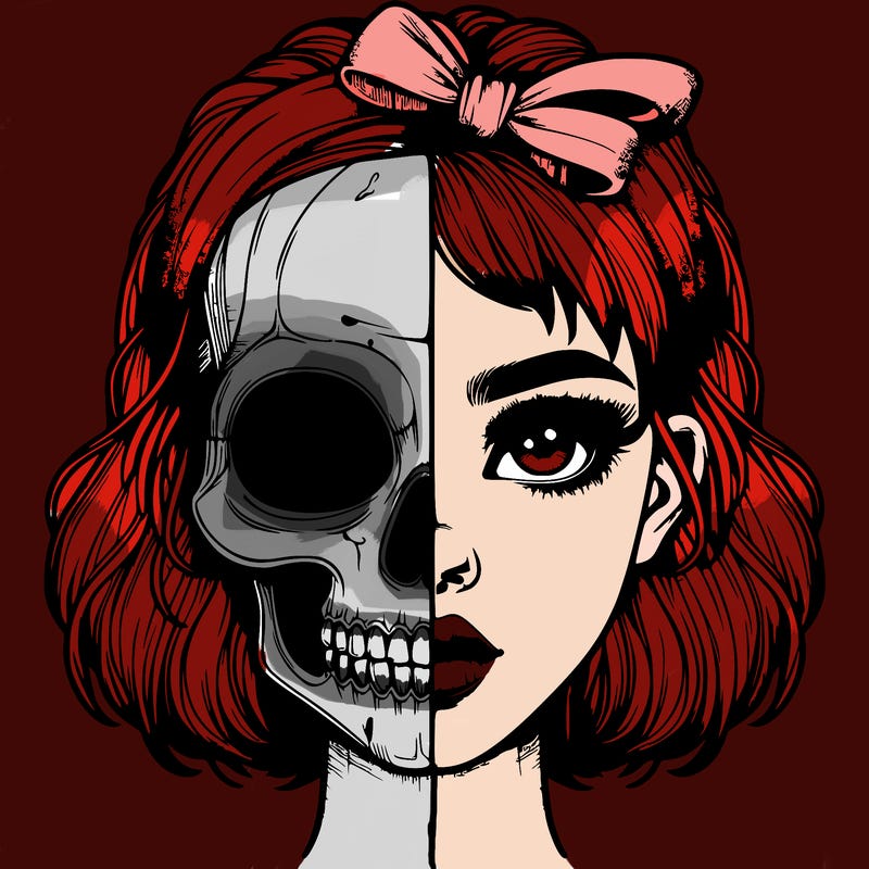 realistic girl with half skull mask