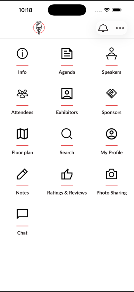 The main menu of the AKFCF convention app displaying icons for agenda speakers exhibitors and other event features