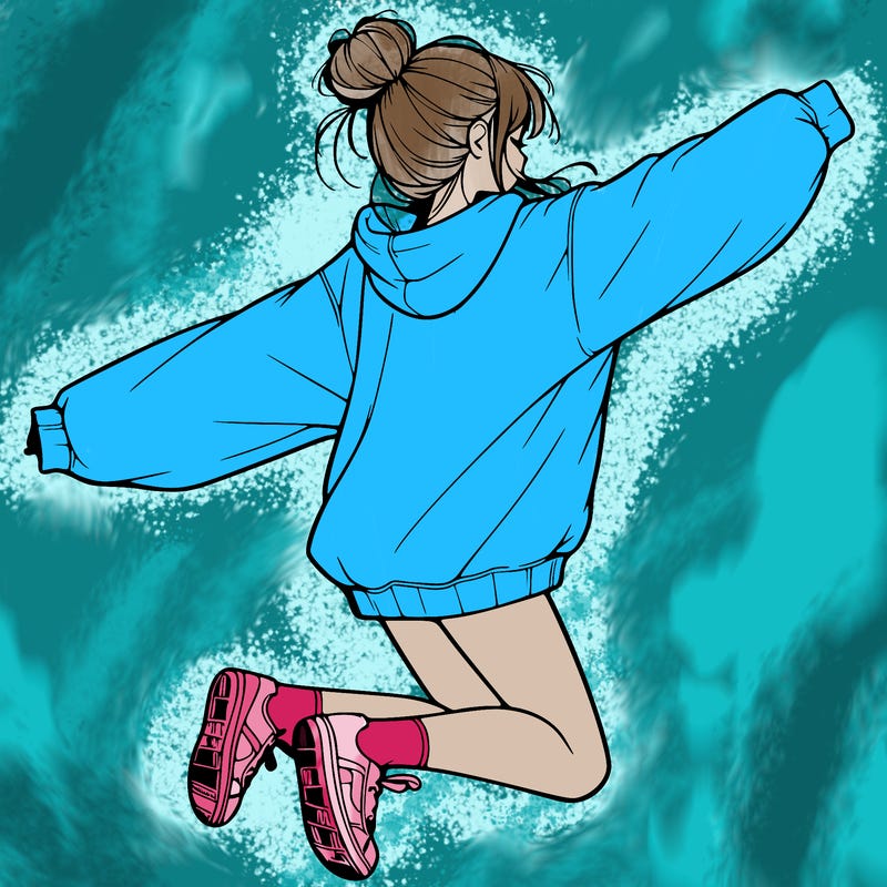 realistic girl jumping with a bun and oversized sweatshirt