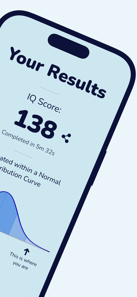 IQ Test - Aptitude Test - IQ Test results screen showing a score of 138 and position on a normal distribution bell curve