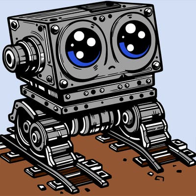 a scrap metal robot that has sort of rails as feet to move around, with big eyes, cute