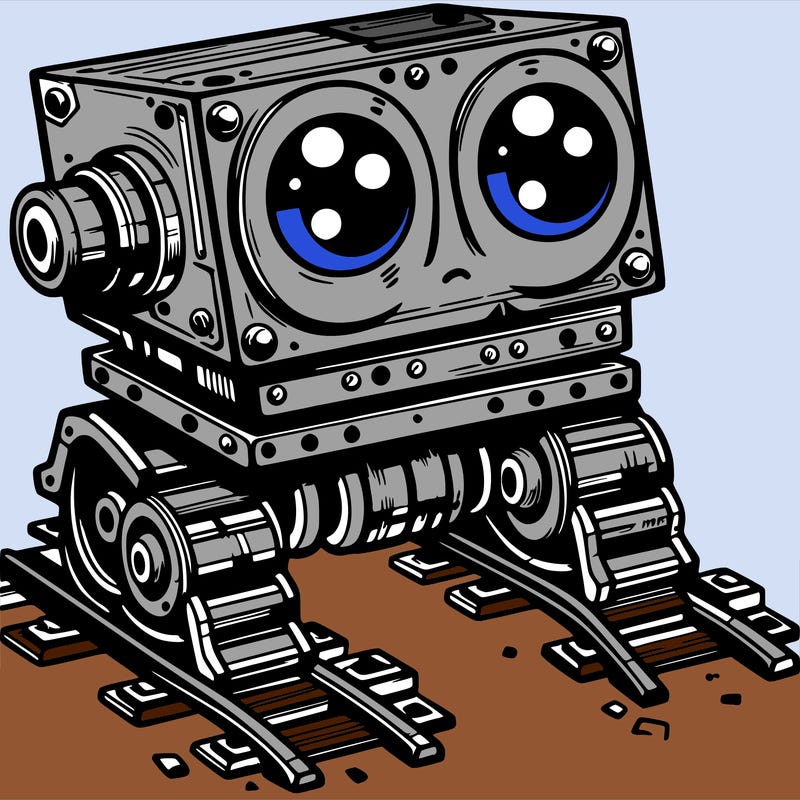 a scrap metal robot that has sort of rails as feet to move around, with big eyes, cute